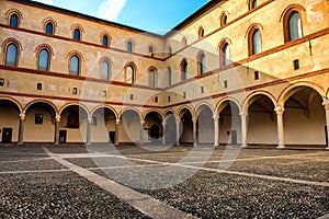 Courtyard of the old castle in old town of Milan, Italy