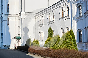 Courtyard of an old orthodox monastery with junipers