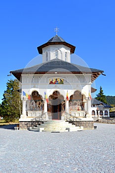 Courtyard of the Orthodox Monastery in the cradle of the Romanian people, Izvorul Muresului, Harghita, Transylvania, Romania.