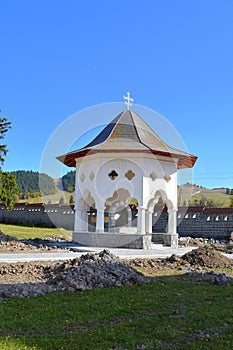 Courtyard of the Orthodox Monastery in the cradle of the Romanian people, Izvorul Muresului, Harghita, Transylvania, Romania.