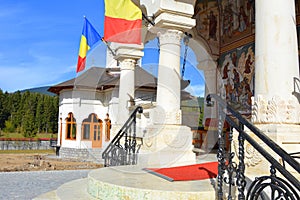 Courtyard of the Orthodox Monastery in the cradle of the Romanian people, Izvorul Muresului, Harghita, Transylvania, Romania.