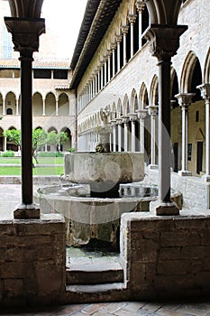 The courtyard of the Pedralbes Monastery in Barcelona in the style of the Catalan Gothic.