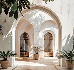 Courtyard With Potted Plants and Arched Doorways photo