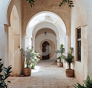 Courtyard With Potted Plants and Arched Doorways photo