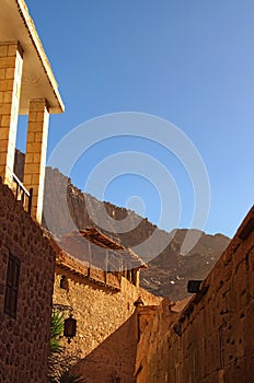 Courtyard of The Saint Catherine Monastery. Winter morning view. Famous place for Christianity orthodoxy pilgrims. Sinai Peninsula