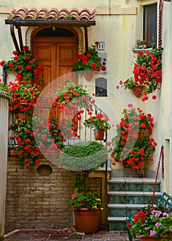 Courtyard in town Atri, door and stairs with red photo