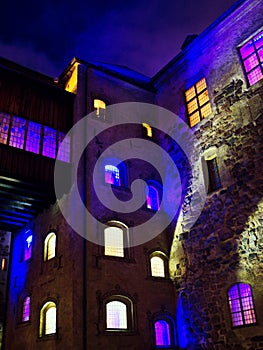 Courtyard of Turku Castle at night, it is a medieval building in the city of Turku in Finland. It was founded in the