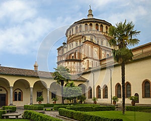 Courtyard view, The Church and Convent of Santa Maria delle Grazie, the home of Leonardo`s Last Supper, Milan, Italy.
