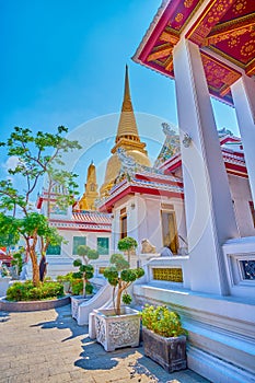 Courtyard of Wat Bowonniwet Vihara temple complex with golden chedi, Bangkok, Thailand