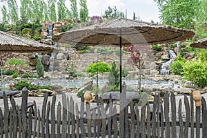 courtyard with waterfall and swimming pool in the hotel