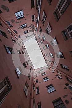 courtyard well bottom-up view of the sky. ancient architecture construction