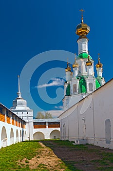 Courtyard white orthodox monastery in sunny day