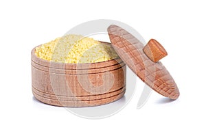 Cous cous in wooden bowl with lid