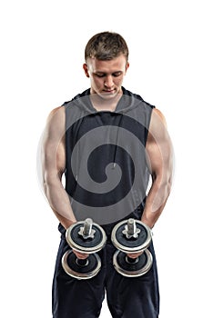 Coutout fitness man lifting dumbbell by both hands. Power training. Healthy lifestyle. Fitness and sport. Biceps