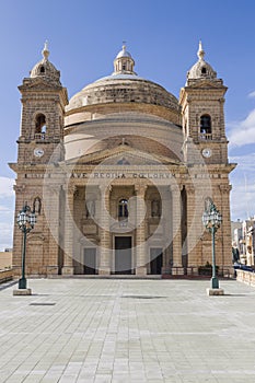 Coutyard and facade of St. Mary`s church at Mgarr on Malta.