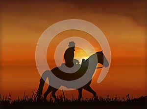 Covboj on horseback at sunset - vector