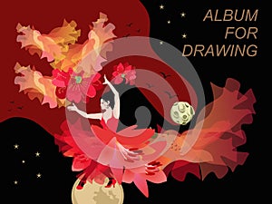 Cover for album for drawing. Flamenco dancer dancing with sun in shape of clematis flower, sun`s rays are like flying firebirds.