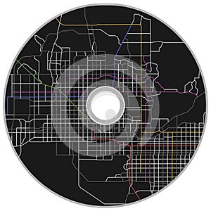 Cover art with city map, town streets on the plan. DVD rom isolated on white background. Vector mockup