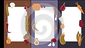 Cover autumn designs in cartoon style for brochures, stories, applications. Vector flat set of cover designs with vegetables,