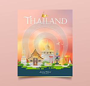 Cover book, Thailand architecture tourism festival design on cloud and sky sunset orange background