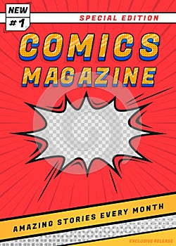 Cover comic book. Funny superhero magazine, edit page with title. Art graphic poster, funny children or teenagers