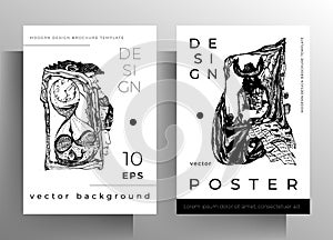 Cover design for book, magazine, brochure, catalog, poster. Hand-drawn black and white vector illustration.