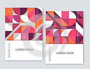 Cover design for Brochure leaflet flyer. Abstract geometric background. Pink, orange,white, gray triangle, squares and circles.