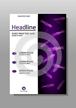 Cover design with flagellum bacteria in purple luminescence.Vector