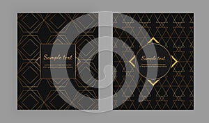 Cover with geometric design and gold lines on the black background. Luxury elegant trendy vector illustration. Template for packag