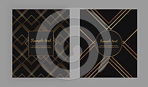 Cover with geometric design and gold lines on the black background. Luxury elegant trendy vector illustration. Template for packag