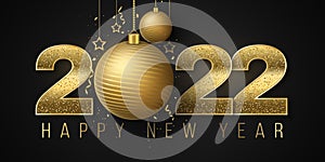 Cover for Happy New Year 2022. Golden glitter numbers with decorations of christmas ball, stars, confetti for xmas design.