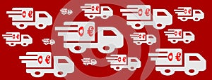Cover illustration for free delivery with trucks and symbol '0 â‚¬' with red background