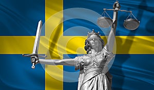 Cover about Law. Statue of god of justice Themis with Flag of Sweden background. Original Statue of Justice. Femida, with scale, s