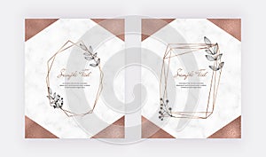 Cover marble cards with golden and foil geometric design, polygonal lines frames and black leaves. Template for wedding invitation