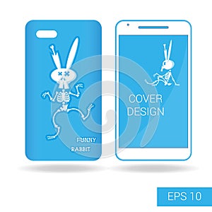 Cover mobile smartphone dancing funny rabbit skeleton in cartoon style on white background. Vector illustration