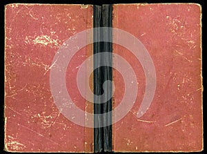 Cover of an old red book on a black background. The book is unfolded
