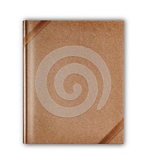 cover old style recycle brown notebook isolated with brown ribbon on white background