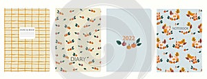 Cover page templates based on patterns with pumpkins, country houses, plaid pattern. Thanksgiving concept