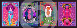 Psychedelic Women Set 1960s Style Illustrations
