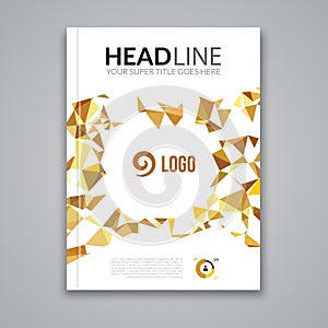 Cover report colorful gold triangle geometric prospectus design background, cover flyer magazine, brochure book cover photo