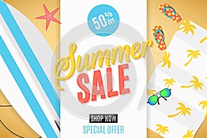 Cover for the Summer Sale. Surfboard on the beach, sunglasses, towel and flip flops. Set of summer things and accessories for outd