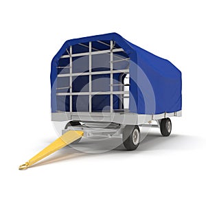 Covered Blue Airport Luggage Trailer. 3D Illustration, isolated, on white