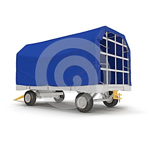 Covered Blue Airport Luggage Trailer. 3D Illustration, isolated, on white