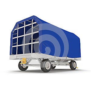 Covered Blue Airport Luggage Trailer. 3D Illustration, isolated, on white