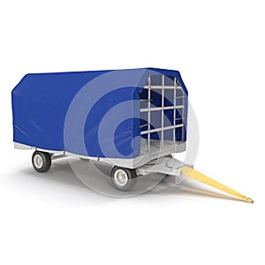 Covered Blue Airport Luggage Trailer. 3D Illustration, isolated, on white