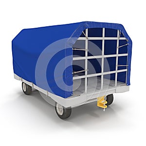 Covered Blue Airport Luggage Trailer. 3D Illustration, isolated, on white