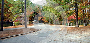 Covered bridge at autumn season background