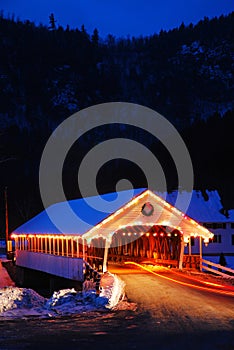 A covered bridge at Christmas