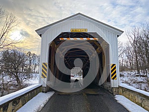 A Covered Bridge entrance in winter time
