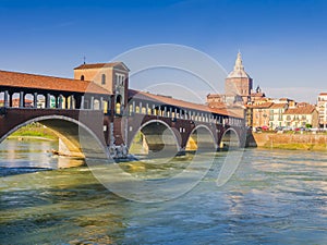 Covered Bridge over river Ticino, Pavia, Italy